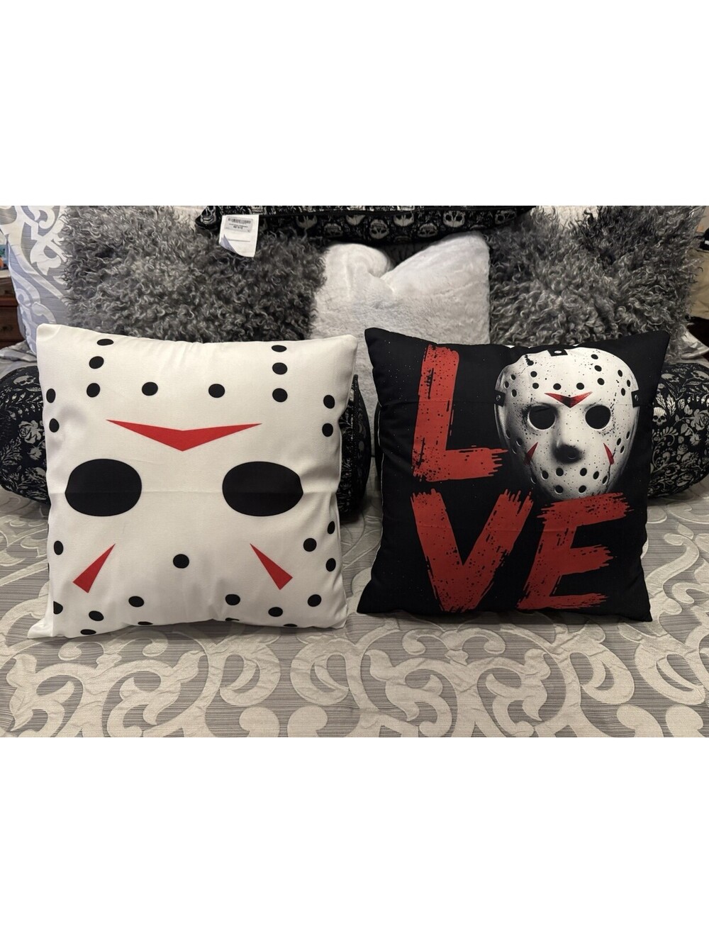 New Pair Of Jason Hockey Mask Throw Pillow 16" x 16" Indoor Outdoor Halloween